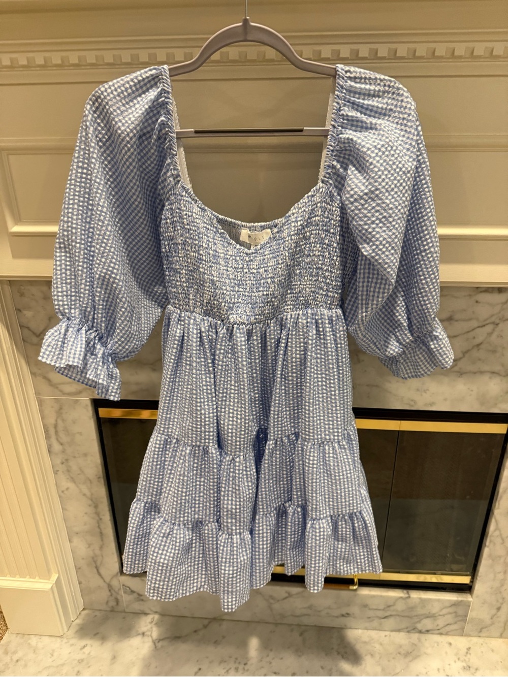 Light Blue Gingham Puff Sleeve Mini Dress